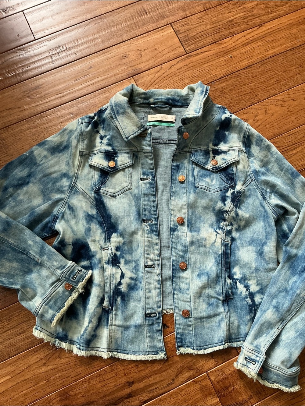 Anthropologie Pilcro Tie-Dye Denim Jean Jacket with raw fringe hem, 1X